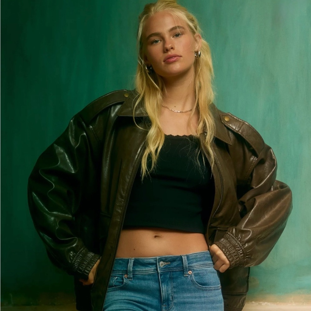 AE Oversized Vegan Leather Bomber Jacket